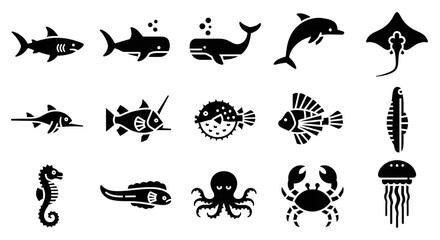 Fototapeta premium A collection of black silhouette icons of marine animals, including whales, sharks, and octopuses. Great for World Water Day infographics and educational ocean materials.