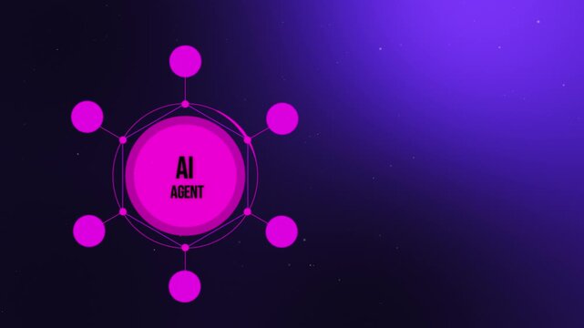 4K Purple Tech Multi-Agent System Background. Glowing Agentic AI Orchestrator with Neon Neural Network Nodes.