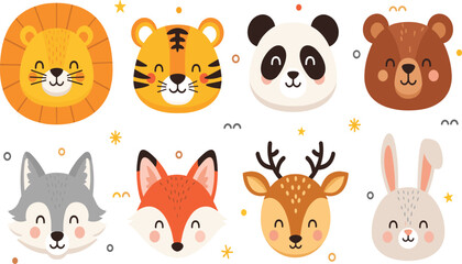 Fototapeta premium Cute Animal Face Collection Featuring Lion, Tiger, Panda, Bear, Wolf, Fox, Deer, and Rabbit in Cartoon Flat Vector Style for Kids Design and Nursery Projects.
