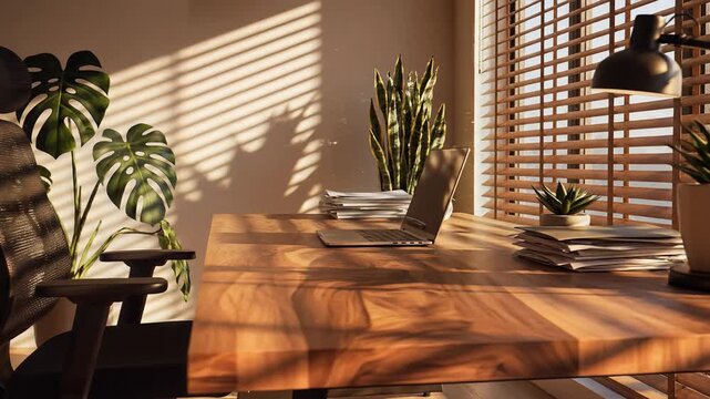 Modern office setup with monstera plant snake plant black chair laptop on wooden desk near window blinds in sunlit room