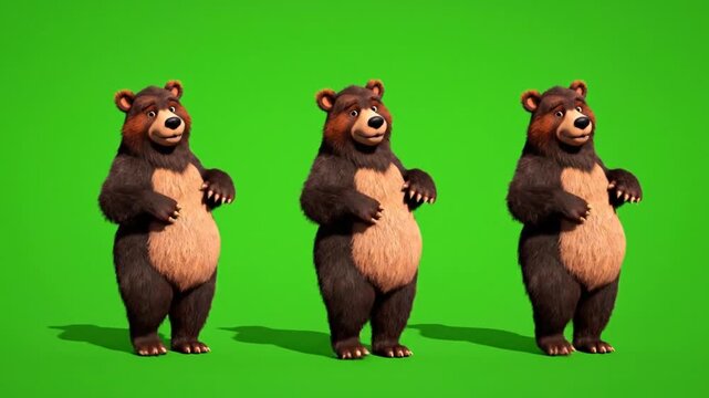 Three cartoon bears dancing and waving happily on green screen background with playful movements and joyful expressions for animation projects and children's content