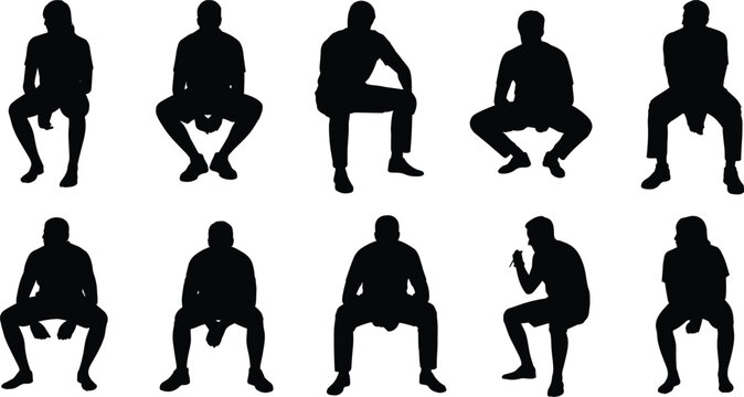 Collection of sitting human silhouettes showing different male poses isolated on white background for design, illustration, reference, posture study set
