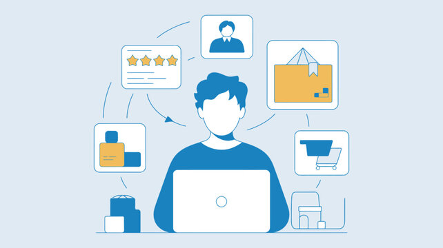 A man sitting at a laptop with various icons and graphics floating around him representing online shopping and customer reviews.