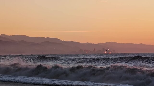 Stormy Black Sea at Sunset with Batumi Skyline and Mountain Silhouettes