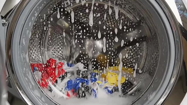 Colorful clothes tumbling vigorously inside a modern washing machine drum filled with bubbly white soap and splashing water, showing laundry cycle footage.