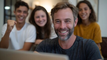 Fototapeta premium Smiling man and three joyful young people enthusiastically watch a laptop screen indoors sharing a moment of excitement and connection