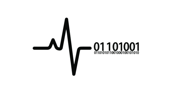 Digital heartbeat line displays binary code sequence on a white background.