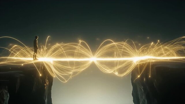 A person standing on one side of a gap facing a glowing mist on the other side. Symbolic, semi-realistic scene representing uncertainty, transition, and inner transformation.
