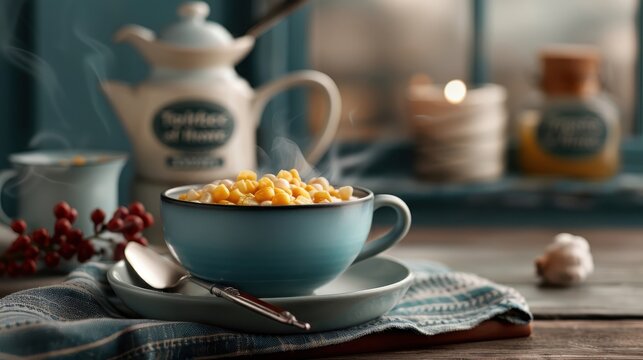 A vintage-style poster advertising corn chowder at a cozy diner.