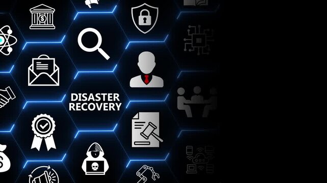 Disaster recovery concept with user and system elements for data backup risk mitigation business continuity and emergency response in digital environments 4k animation video