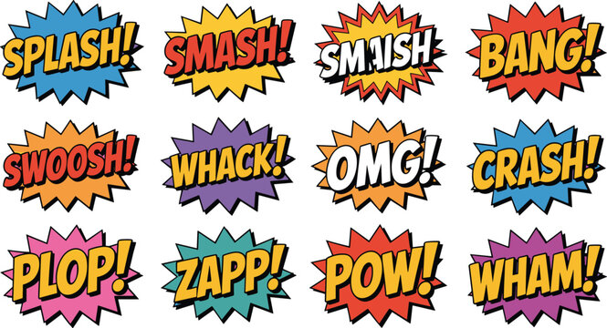 Colorful comic sound effects set pop art explosion bubbles splash smash bang swoosh whack omg crash plop zap pow wham