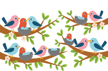 Fototapeta premium Birds on branch with nests and eggs illustration showing spring nature scene with colorful avian characters