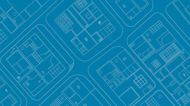 A detailed blueprint of a neighborhood with various buildings and roads