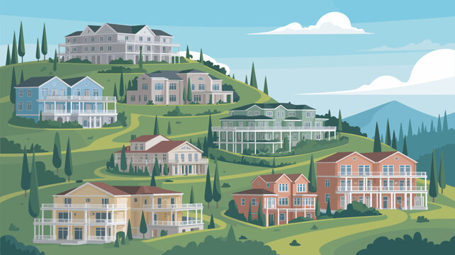 A serene hillside neighborhood with large houses and manicured lawns under a blue sky with clouds