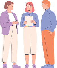 Fototapeta premium Team of office employees collaborating and discussing documents in pairs wearing colorful smart casual clothing