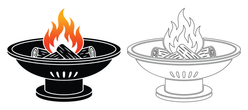 Backyard fire pit vector illustration showing burning logs and orange flames in black metal brazier