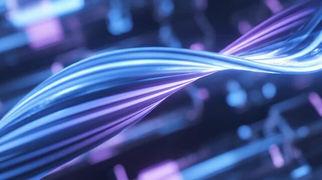 Glowing blue and purple fiber optic cables transmit high-speed data across a futuristic digital network in this abstract video clip.