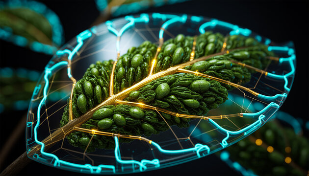 3D Cybernetic Biotech Leaf with Glowing Cyan Circuitry