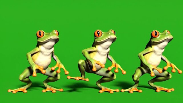 Three green tree frogs dance in unison on a green screen background with a rhythmic, synchronized movement creating playful and whimsical animation footage