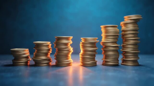 Stacks of glowing cryptocurrency coins arranged in ascending order on digital circuit board, concept of blockchain, fintech, investment