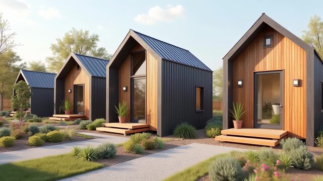 Tiny home community: clustered micro-dwellings with shared gardens, alternative housing movement