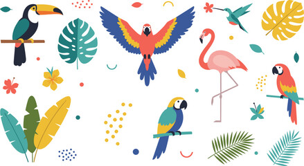 Fototapeta premium Tropical Birds Collection Featuring Parrot, Toucan, Flamingo, and Exotic Jungle Elements in Colorful Flat Vector Style for Nature Illustration and Summer Design Projects.