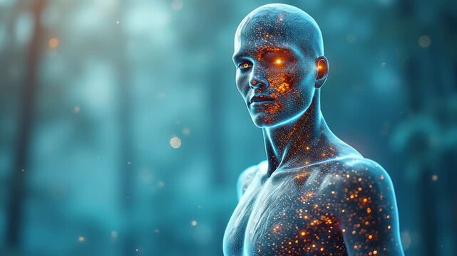 Translucent human body profile with glowing orange energy particles radiating from brain and shoulder area, concept of neurology, healthcare, mindfulness