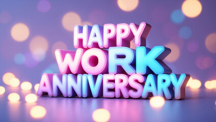 Obraz premium work anniversary card with blurred bokeh lights in soft pastel colors (pink, lavender, blue) and message 