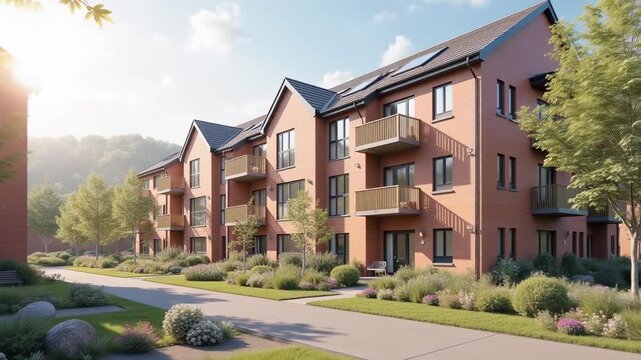 Modern red brick apartment complex with wooden balconies and landscaped garden on sunny day, suburban residential area, concept of real estate, housing, urban development