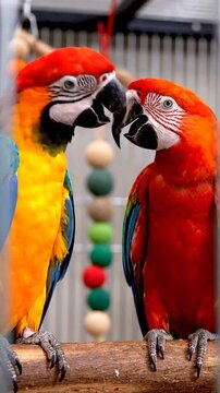 Two colorful parrots are perched on a wooden branch together