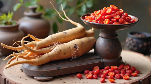 Traditional Chinese medicine herbs on vintage apothecary scale, ginseng goji berries glowing with healing energy