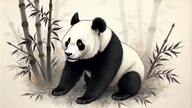 Panda bear made of flowing ink brush strokes dissolving and reforming, sharp sumi-e painting details