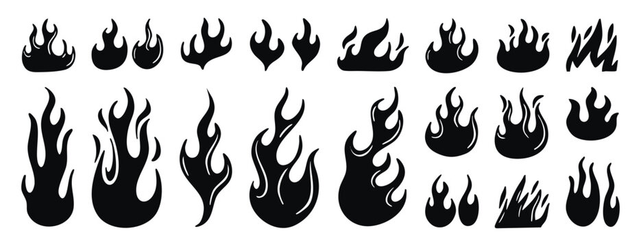 set of flame and fire. Colored hand drawn doodle elements. Flame silhouette, flames, different shapes, cartoon style, simple shapes, ornate, graceful lines, a set of isolated elements.