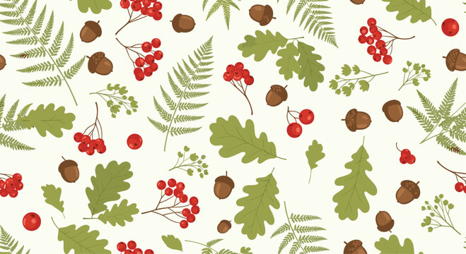 Seamless autumn pattern featuring green fern leaves, oak leaves, brown acorns, and clusters of red berries on a cream background for decor.