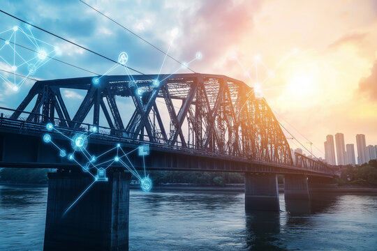 Advanced IoT sensors and devices tracking and analyzing the progress of a bridge construction project over a river providing real time data and insights to optimize the infrastructure development