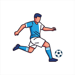 Obraz premium Soccer Player Cartoon Vector – Dynamic Kicking Ball Pose Blue White Uniform Sports Art
