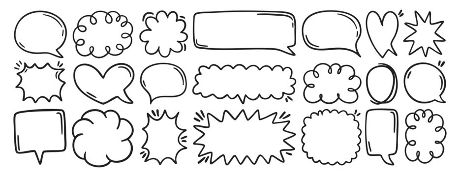 creative speech bubbles. Colored, positive different shapes, hearts, stars. Speech bubble, rectangular, geometric, and creative. Doodle cartoon style. Outline and fill. Comics for social media