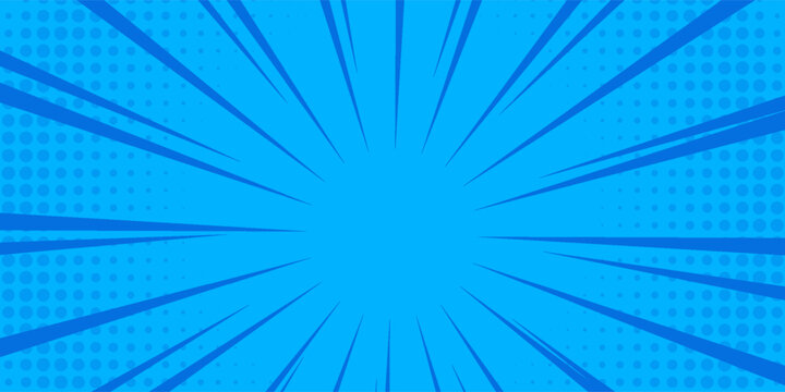 Comic background with blue halftone dots and radial speed motion lines. Vector speed effect for anime posters, stickers, covers, and dynamic graphic designs.