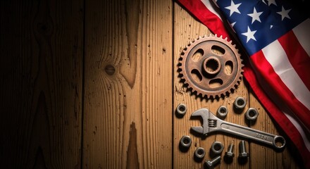 Fototapeta premium Celebrating labor day with patriotic american symbols and industrial tools