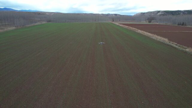 Aerial tilt up shot revealing an agricultural drone spreading granulated urea over a wheat field in mixed weather