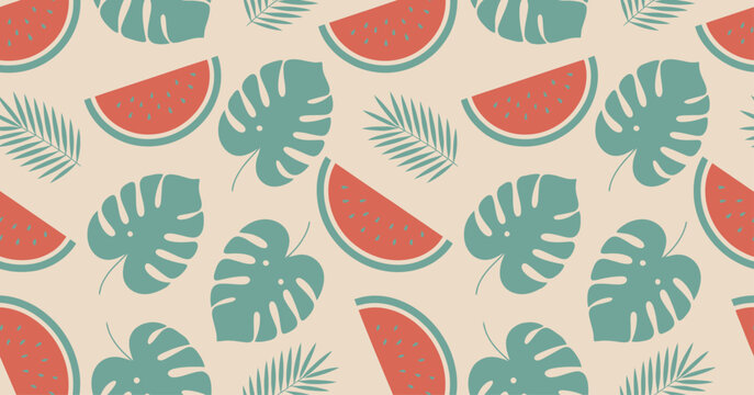 Seamless pattern of coral watermelon slices and teal tropical monstera and palm leaves a pale beige background