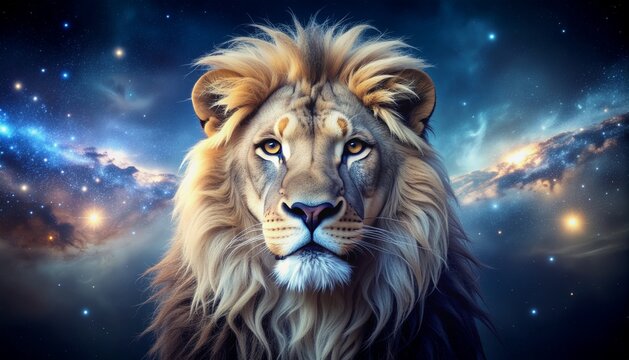 Cosmic Lion Portrait with Starry Galaxy Texture Background