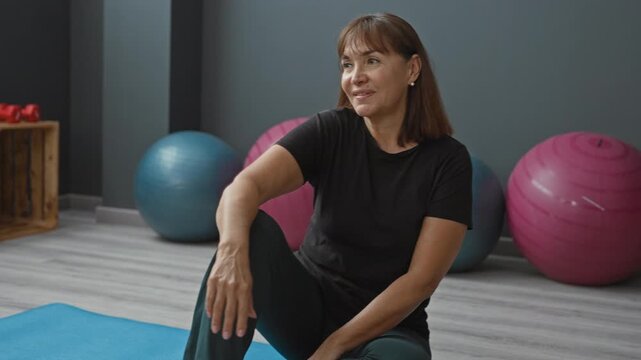 Middle age hispanic woman seated on a yoga mat stretching her leg with hand on knee and relaxed posture in studio; serenity mindful wellness.