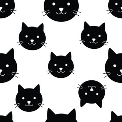 Fototapeta premium A repeating pattern of black cat faces with simple white features on a white background