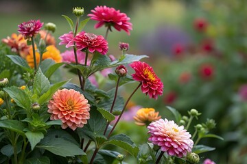 Close-up of assorted dahlias showing layered petals and green foliage
