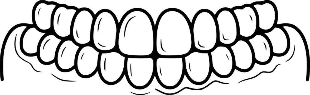 Stylized black and white of a full set of human teeth in a wide smile dental mouth