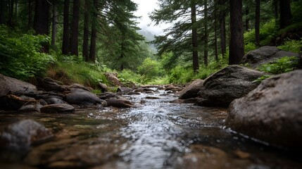 Obraz premium A scenic view of a clear flowing stream winding through a dense green forest with mossy rocks