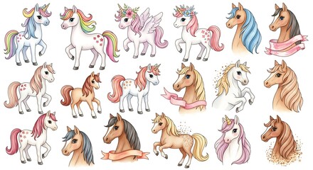 Obraz premium Set of watercolor unicorns and horses
