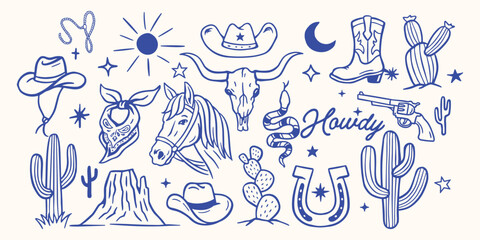 Hand-drawn western doodle set with cowboy hats, boots, cactus, horse, skull, revolver, sheriff badge and desert elements, perfect for vintage, rustic and Wild West designs. © Ria