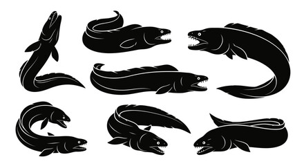 Obraz premium Set of Black Silhouette Moray Eels, Marine Life Illustrations